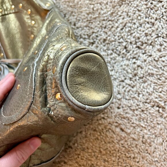 Bulga Leather Studded Hobo Tote Bag in Iridescent Green - Picture 4 of 7